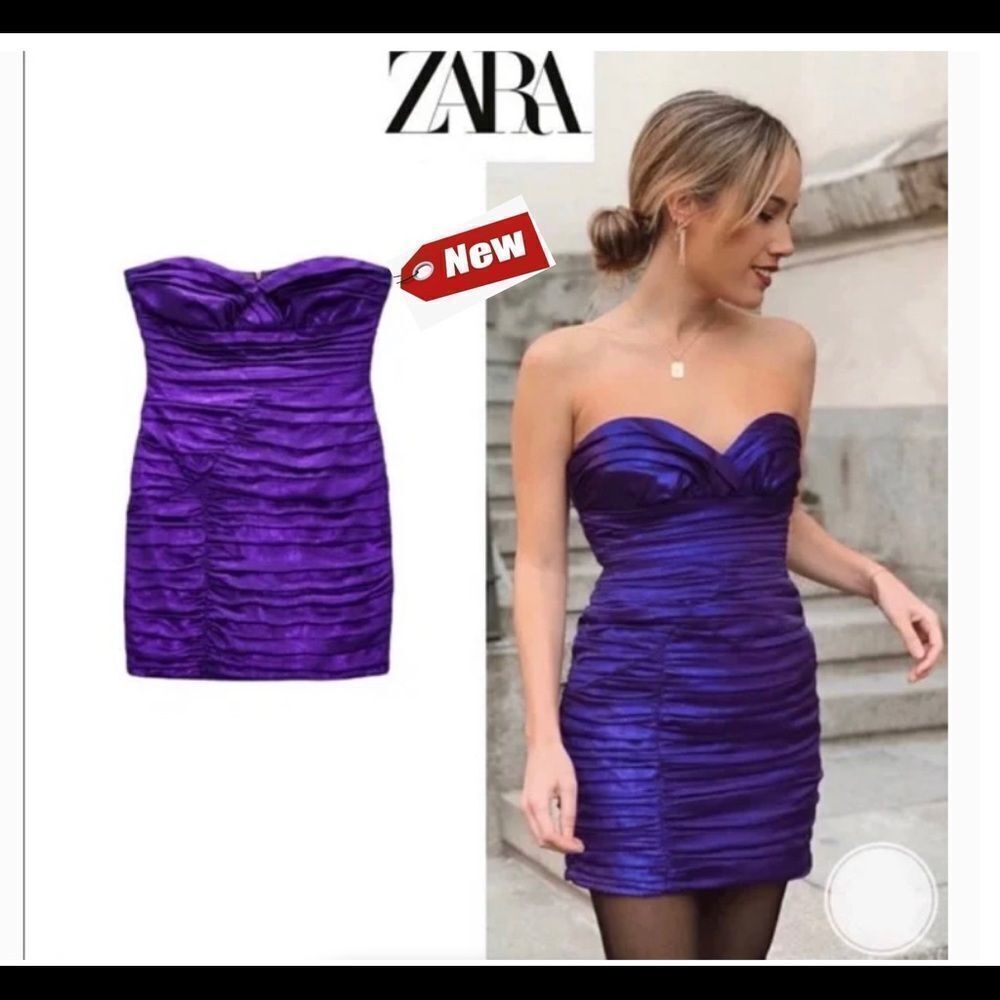 ZARA purple metallic draped strapless sweetheart minidress Sz S NWT New with tag